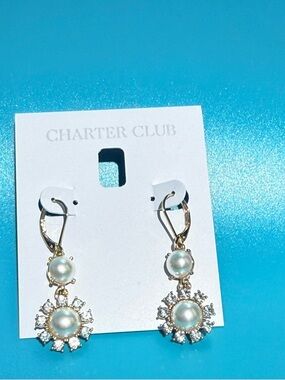 Charter Club Gold-Tone Pearl & Crystal Sunburst Drop Earrings - White